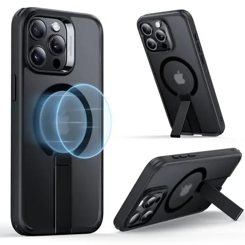 ESR for iPhone 15 Pro Case with Kickstand, Harbiy darajadagi zarbaga chidamli himoya, Magnit toʻliq sozlanishi mumkin boʻlgan Flickstand telefon qutisi, MagSafe aksessuarlari bilan mos keladi, Boost Series, muzli qora 