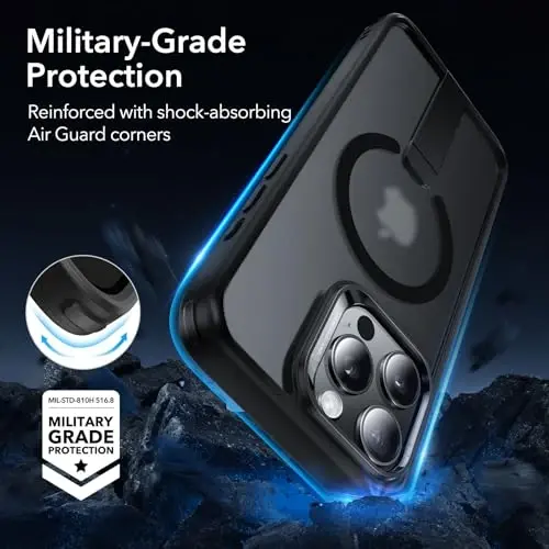 ESR for iPhone 15 Pro Case with Kickstand, Harbiy darajadagi zarbaga chidamli himoya, Magnit toʻliq sozlanishi mumkin boʻlgan Flickstand telefon qutisi, MagSafe aksessuarlari bilan mos keladi, Boost Series, muzli qora - 4