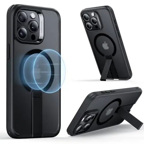 ESR for iPhone 15 Pro Case with Kickstand, Harbiy darajadagi zarbaga chidamli himoya, Magnit toʻliq sozlanishi mumkin boʻlgan Flickstand telefon qutisi, MagSafe aksessuarlari bilan mos keladi, Boost Series, muzli qora - 1