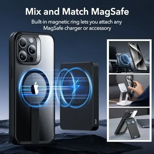 ESR for iPhone 15 Pro Case with Kickstand, Military-Grade Shockproof Protection, Magnetic Fully Adjustable Flickstand Phone Case, MagSafe Aksessuarlari bilan mos, Boost Series, Clear Black - 5