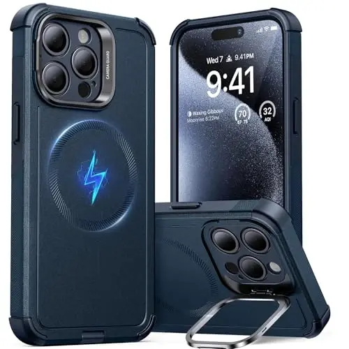 ESR for iPhone 15 Pro Case with Stand, 23 ft Military-Grade Drop Protection, Heavy Duty Magnetic Phone Case, Compatible with MagSafe Accessories, Cyber Series, Blue - 2