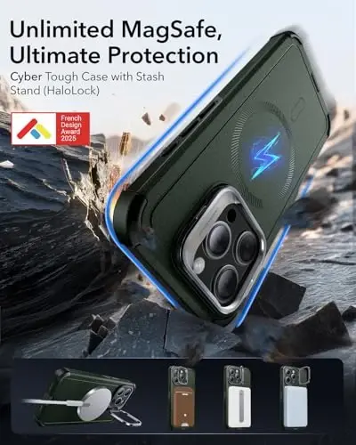 ESR for iPhone 15 Pro Case with Stand, 23 ft Military-Grade Drop Protection, Heavy Duty Magnetic Phone Case, Compatible with MagSafe Accessories, Cyber Series, Green - ESR