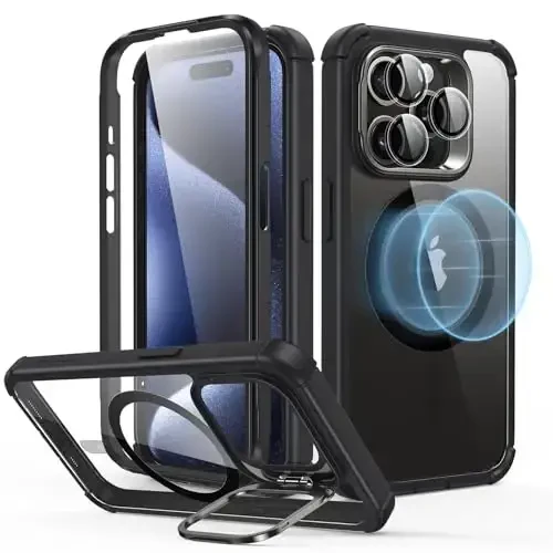 ESR for iPhone 15 Pro Case with Stand, Compatible with MagSafe, Full-Body Military-Grade Drop Proof Case with Built-in 9H+ Tempered Glass Screen Protector, Armor Series, Clear Black - ESR