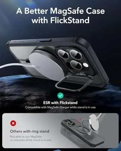 ESR for iPhone 15 Pro Case with Stand, Compatible with MagSafe, Full-Body Military-Grade Drop Proof Case with Built-in 9H+ Tempered Glass Screen Protector, Armor Series, Clear Black - 5
