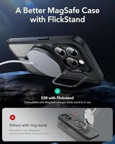 ESR for iPhone 15 Pro Case with Stand, Compatible with MagSafe, Full-Body Military-Grade Drop Proof Case with Built-in 9H+ Tempered Glass Screen Protector, Armor Series, Clear Black - 5