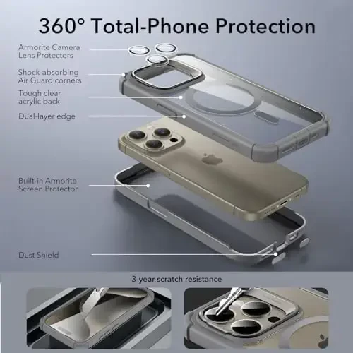 ESR for iPhone 15 Pro Case with Stand, Compatible with MagSafe, Full-Body Military-Grade Drop Proof Case with Built-in 9H+ Tempered Glass Screen Protector, Armor Series, Clear Grey - 3
