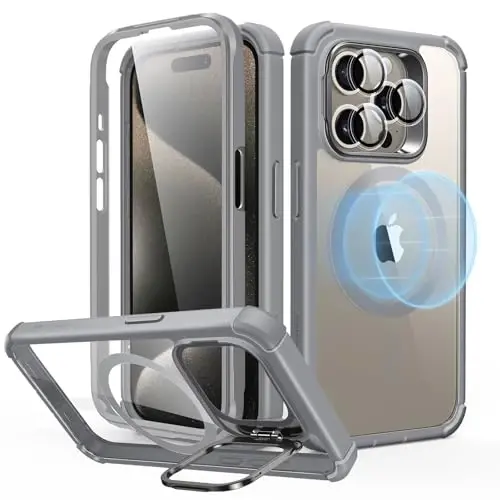 ESR for iPhone 15 Pro Case with Stand, Compatible with MagSafe, Full-Body Military-Grade Drop Proof Case with Built-in 9H+ Tempered Glass Screen Protector, Armor Series, Clear Grey 