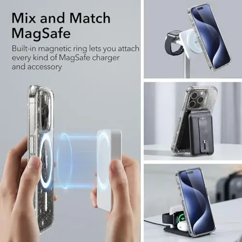 ESR for iPhone 15 Pro Max Case Set, 1 Tempered-Glass Screen Protector, 1 Set of Lens Protectors, Military-Grade Protection, Yellowing and Scratch Resistant MagSafe Case, Classic Series, Clear Shimmer - 4