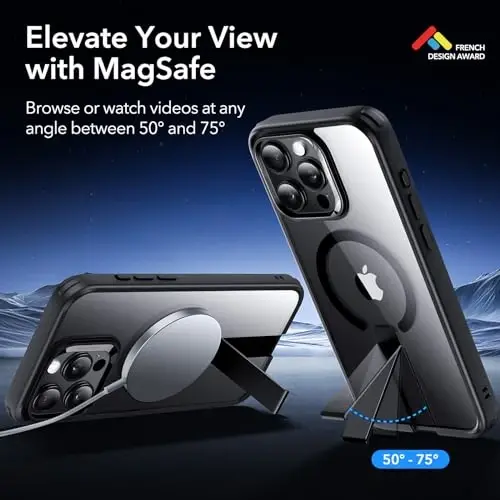 ESR for iPhone 15 Pro Max Case with Kickstand, Harbiy darajadagi zarbga chidamli himoya, Magnit toʻliq sozlanishi mumkin boʻlgan Flickstand telefon qutisi, MagSafe aksessuarlari bilan mos, Boost Series, Shaffof qora - 2