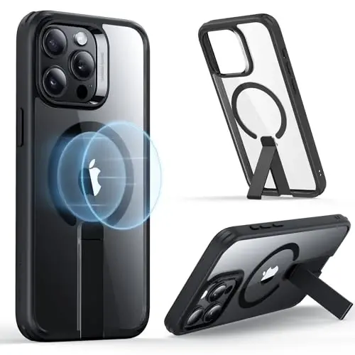 ESR for iPhone 15 Pro Max Case with Kickstand, Harbiy darajadagi zarbga chidamli himoya, Magnit toʻliq sozlanishi mumkin boʻlgan Flickstand telefon qutisi, MagSafe aksessuarlari bilan mos, Boost Series, Shaffof qora - 1