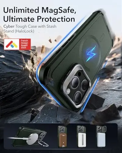ESR for iPhone 15 Pro Max Case with Stand, 23 ft Military-Grade Drop Protection, Heavy Duty Magnetic Phone Case, Compatible with MagSafe Accessories, Cyber Series, Green - ESR