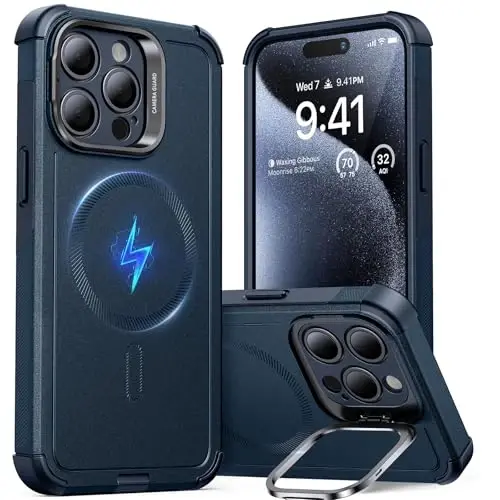 ESR for iPhone 15 Pro Max Case with Stand, 23 ft Military-Grade Drop Protection, Heavy Duty Magnetic Phone Case, MagSafe Aksessuarlari bilan mos, Cyber Series, Moviy - 1