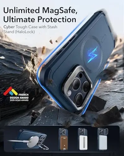 ESR for iPhone 15 Pro Max Case with Stand, 23 ft Military-Grade Drop Protection, Heavy Duty Magnetic Phone Case, MagSafe Aksessuarlari bilan mos, Cyber Series, Moviy - 3