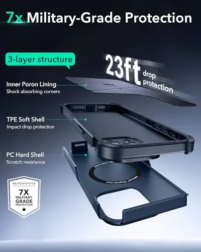 ESR for iPhone 15 Pro Max Case with Stand, 23 ft Military-Grade Drop Protection, Heavy Duty Magnetic Phone Case, MagSafe Aksessuarlari bilan mos, Cyber Series, Moviy - 4