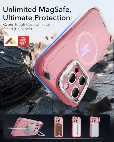ESR for iPhone 15 Pro Max Case with Stand, 23 ft Military-Grade Drop Protection, Heavy Duty Magnetic Phone Case, MagSafe aksessuarlari bilan mos, Cyber Series, Pushti 