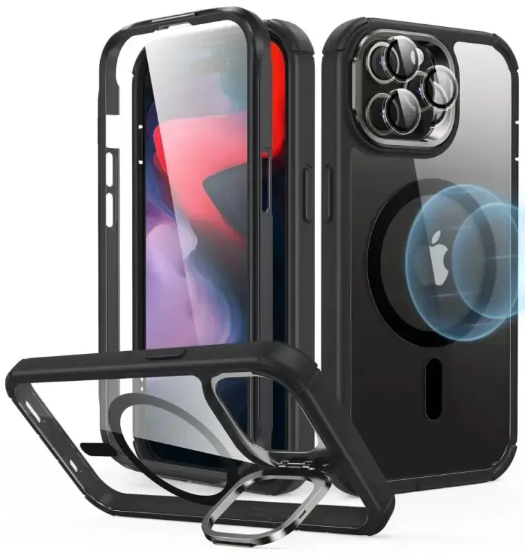ESR for iPhone 15 Pro Max Case with Stand, Compatible with MagSafe, Full-Body Military-Grade Drop Proof Case with Built-in 9H+ Tempered Glass Screen Protector, Armor Series, Clear Black - 7