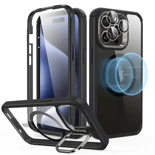 ESR for iPhone 15 Pro Max Case with Stand, Compatible with MagSafe, Full-Body Military-Grade Drop Proof Case with Built-in 9H+ Tempered Glass Screen Protector, Armor Series, Clear Black 