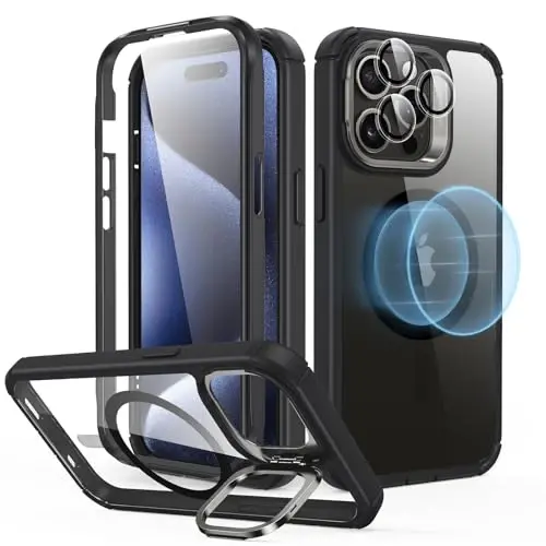 ESR for iPhone 15 Pro Max Case with Stand, Compatible with MagSafe, Full-Body Military-Grade Drop Proof Case with Built-in 9H+ Tempered Glass Screen Protector, Armor Series, Clear Black 