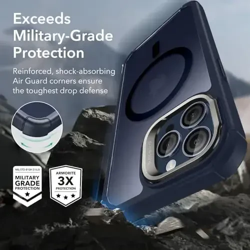 ESR for iPhone 15 Pro Max Case with Stand, Compatible with MagSafe, Full-Body Military-Grade Drop Proof Case with Built-in 9H+ Tempered Glass Screen Protector, Armor Series, Clear Dark Blue - 7