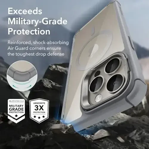 ESR for iPhone 15 Pro Max Case with Stand, Compatible with MagSafe, Full-Body Military-Grade Drop Proof Case with Built-in 9H+ Tempered Glass Screen Protector, Armor Series, Clear Grey - 10