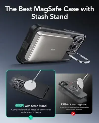 ESR for iPhone 15 Pro Max uchun gʻilof, Stend bilan, 23 fut harbiy darajadagi tushishdan himoya, Ogʻir yukga bardoshli magnit telefon gʻilofi, MagSafe aksessuarlari bilan mos, Cyber Series, Qora - 5