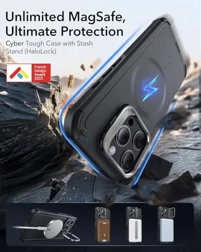 ESR for iPhone 15 Pro Max uchun gʻilof, Stend bilan, 23 fut harbiy darajadagi tushishdan himoya, Ogʻir yukga bardoshli magnit telefon gʻilofi, MagSafe aksessuarlari bilan mos, Cyber Series, Qora - 1