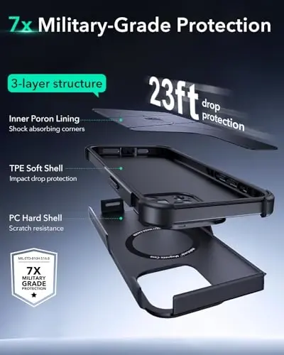 ESR for iPhone 15 Pro Max uchun gʻilof, Stend bilan, 23 fut harbiy darajadagi tushishdan himoya, Ogʻir yukga bardoshli magnit telefon gʻilofi, MagSafe aksessuarlari bilan mos, Cyber Series, Qora - 4