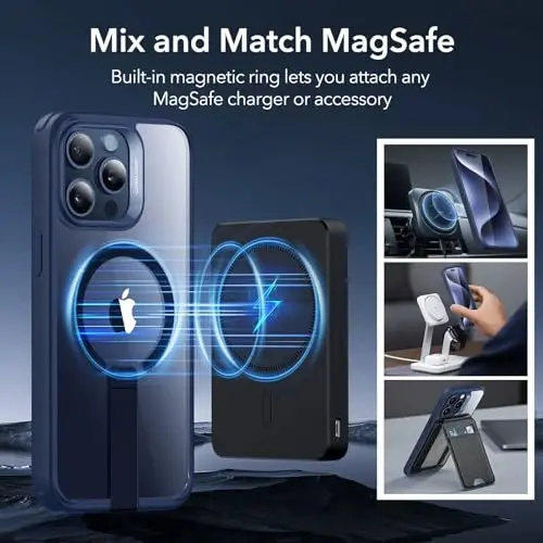 ESR for iPhone 15 Pro uchun G'ilof, Oyoqli tayanchi bilan, Harbiy darajadagi zarba o'tkazmaydigan himoya, Magnit to'liq sozlanishi mumkin bo'lgan telefon g'ilofi, MagSafe aksessuarlari bilan mos, Boost seriyasi, Tiniq to'q ko'k - 5