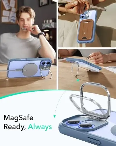 ESR for iPhone 16 Case, Compatible with, Military-Grade Protective Case, Built-in Stash Stand Phone Case, Scratch-Resistant Back Cover, Classic Series, Clear Blue - 5