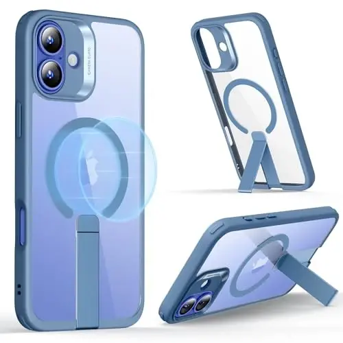 ESR for iPhone 16 Case with Kickstand, Compatible with MagSafe, Magnetic Military-Grade Shockproof Fully Adjustable Flickstand Phone Case, Boost Series, Clear Blue - ESR