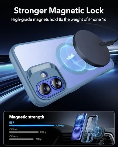 ESR for iPhone 16 Case with Kickstand, Compatible with MagSafe, Magnetic Military-Grade Shockproof Fully Adjustable Flickstand Phone Case, Boost Series, Clear Blue - 3