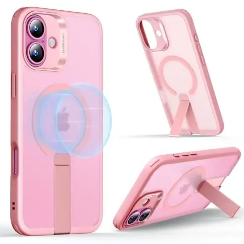 ESR for iPhone 16 Case with Kickstand, Compatible with MagSafe, Magnetic Military-Grade Shockproof Fully Adjustable Flickstand Phone Case, Boost Series, Frosted Pink - ESR