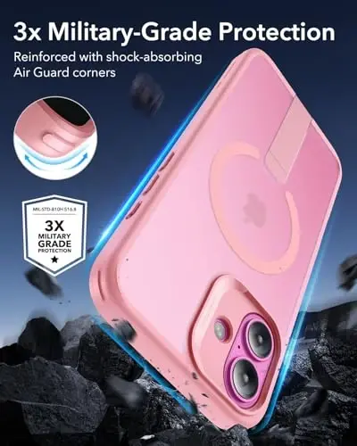 ESR for iPhone 16 Case with Kickstand, Compatible with MagSafe, Magnetic Military-Grade Shockproof Fully Adjustable Flickstand Phone Case, Boost Series, Frosted Pink - 4