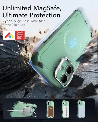 ESR for iPhone 16 Case with Stand, 23 ft Military-Grade Drop Protection, Heavy Duty Magnetic Phone Case, Compatible with MagSafe Accessories, Cyber Series, Light Green - ESR