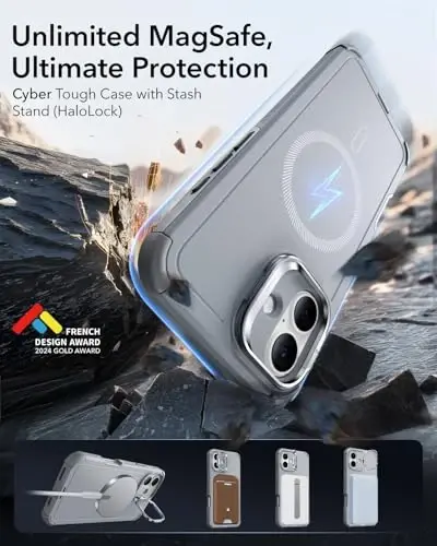 ESR for iPhone 16 Case with Stand, 23 ft Military-Grade Drop Protection, Heavy Duty Magnetic Phone Case, Compatible with MagSafe Accessories, Cyber Series, Light Grey - 3