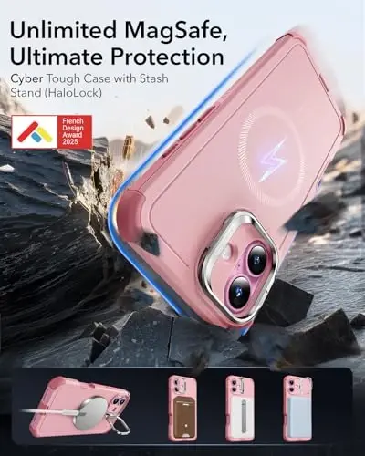 ESR for iPhone 16 Case with Stand, 23 ft Military-Grade Drop Protection, Heavy Duty Magnetic Phone Case, Compatible with MagSafe Accessories, Cyber Series, Pink - ESR