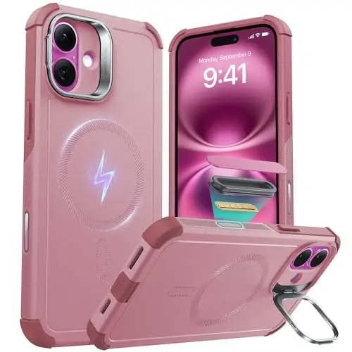 ESR for iPhone 16 Case with Stash Stand, Camera Control, 23FT Military-Grade Shock-Absorbing Drop Protection, Compatible with MagSafe Accessories, Magnetic Cyber Series, Pink - 3