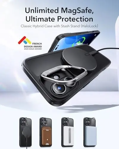 ESR for iPhone 16 Plus Case, Compatible with MagSafe, Military-Grade Protective Case, Built-in Stash Stand Phone Case, Scratch-Resistant Back Cover, Classic Series, Frosted Black - 3