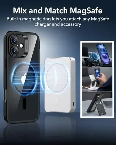 ESR for iPhone 16 Plus Case, Compatible with MagSafe, Shockof Military-Grade tection, Magnetic Phone Case for iPhone 16 Plus, Classic Hybrid Case (HaloLock), Clear Black - 6