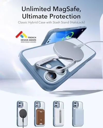 ESR for iPhone 16 Plus Case, Compatible with, Military-Grade Protective Case, Built-in Stash Stand Phone Case, Scratch-Resistant Back Cover, Classic Series, Clear Blue - 4