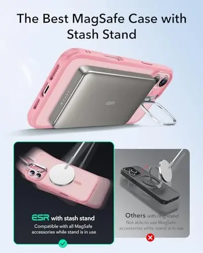 ESR for iPhone 16 Plus Case, Compatible with, Military-Grade Protective Case, Built-in Stash Stand Phone Case, Scratch-Resistant Back Cover, Classic Series, Frosted Pink - 4