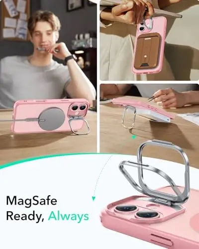 ESR for iPhone 16 Plus Case, Compatible with, Military-Grade Protective Case, Built-in Stash Stand Phone Case, Scratch-Resistant Back Cover, Classic Series, Frosted Pink - 5