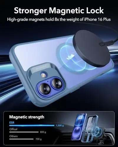 ESR for iPhone 16 Plus Case with Kickstand, Compatible with MagSafe, Magnetic Military-Grade Shockproof Fully Adjustable Flickstand Phone Case, Boost Series, Clear Blue - 3
