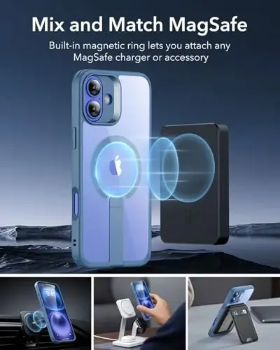ESR for iPhone 16 Plus Case with Kickstand, Compatible with MagSafe, Magnetic Military-Grade Shockproof Fully Adjustable Flickstand Phone Case, Boost Series, Clear Blue - 5