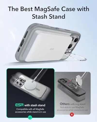 ESR for iPhone 16 Pro Case, Compatible with MagSafe, Military-Grade Protective Case, Built-in Stash Stand Phone Case, Scratch-Resistant Back Cover, Classic Series, Clear Grey - 4