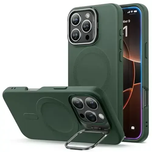 ESR for iPhone 16 Pro Case, Silicone Case with Stand, Compatible with MagSafe, Military-Grade Protection, Built-in Camera Stash Stand, Magnetic Phone Case for iPhone 16 Pro, Cloud Series, Green - 1