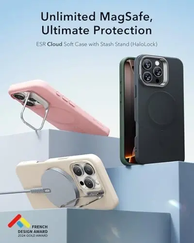 ESR for iPhone 16 Pro Case, Silicone Case with Stand, Compatible with MagSafe, Military-Grade Protection, Built-in Camera Stash Stand, Magnetic Phone Case for iPhone 16 Pro, Cloud Series, Light Tan - 6