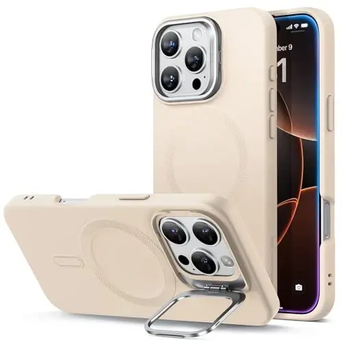 ESR for iPhone 16 Pro Case, Silicone Case with Stand, Compatible with MagSafe, Military-Grade Protection, Built-in Camera Stash Stand, Magnetic Phone Case for iPhone 16 Pro, Cloud Series, Light Tan - ESR