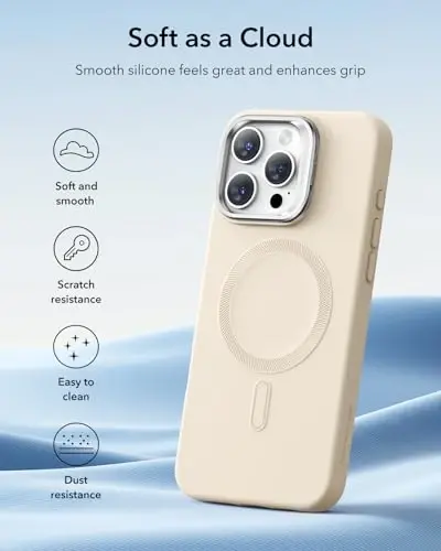 ESR for iPhone 16 Pro Case, Silicone Case with Stand, Compatible with MagSafe, Military-Grade Protection, Built-in Camera Stash Stand, Magnetic Phone Case for iPhone 16 Pro, Cloud Series, Light Tan - ESR (1)