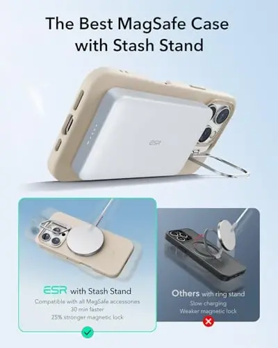 ESR for iPhone 16 Pro Case, Silicone Case with Stand, Compatible with MagSafe, Military-Grade Protection, Built-in Camera Stash Stand, Magnetic Phone Case for iPhone 16 Pro, Cloud Series, Light Tan - 3